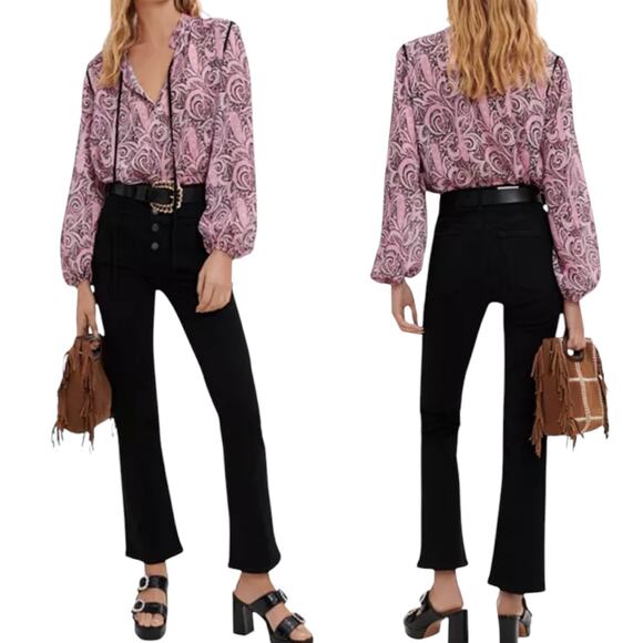 NWOT Maje Apollo Tie Neck Paisley Top Blouse Pink Black Gold Blouse Size Large - Picture 1 of 12